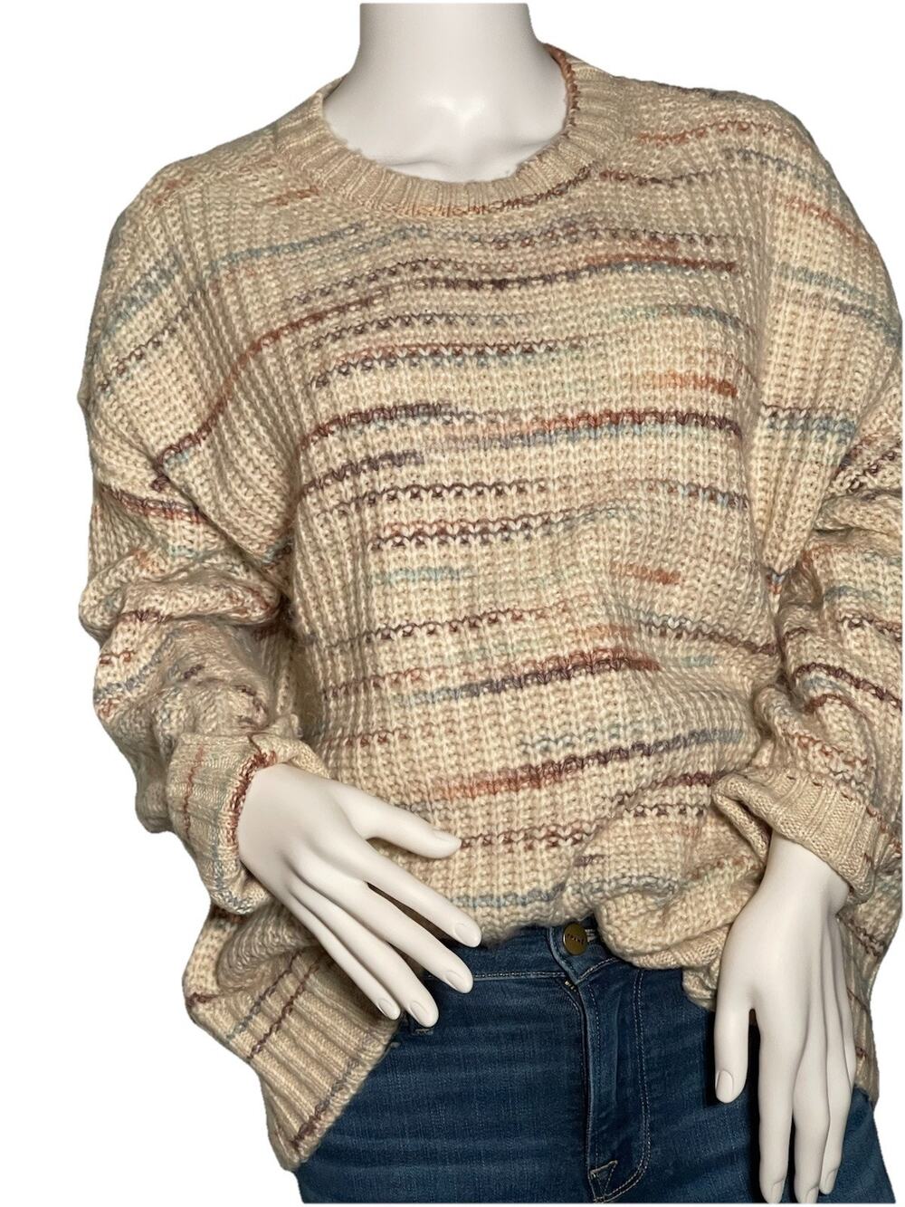 American Eagle White Brown Striped Long Sleeve  Pullover Sweater-Small
